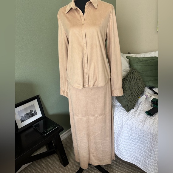 Finity 2 piece shirt dress faux suede khaki Large top & skirt long maxi dress - Picture 15 of 16